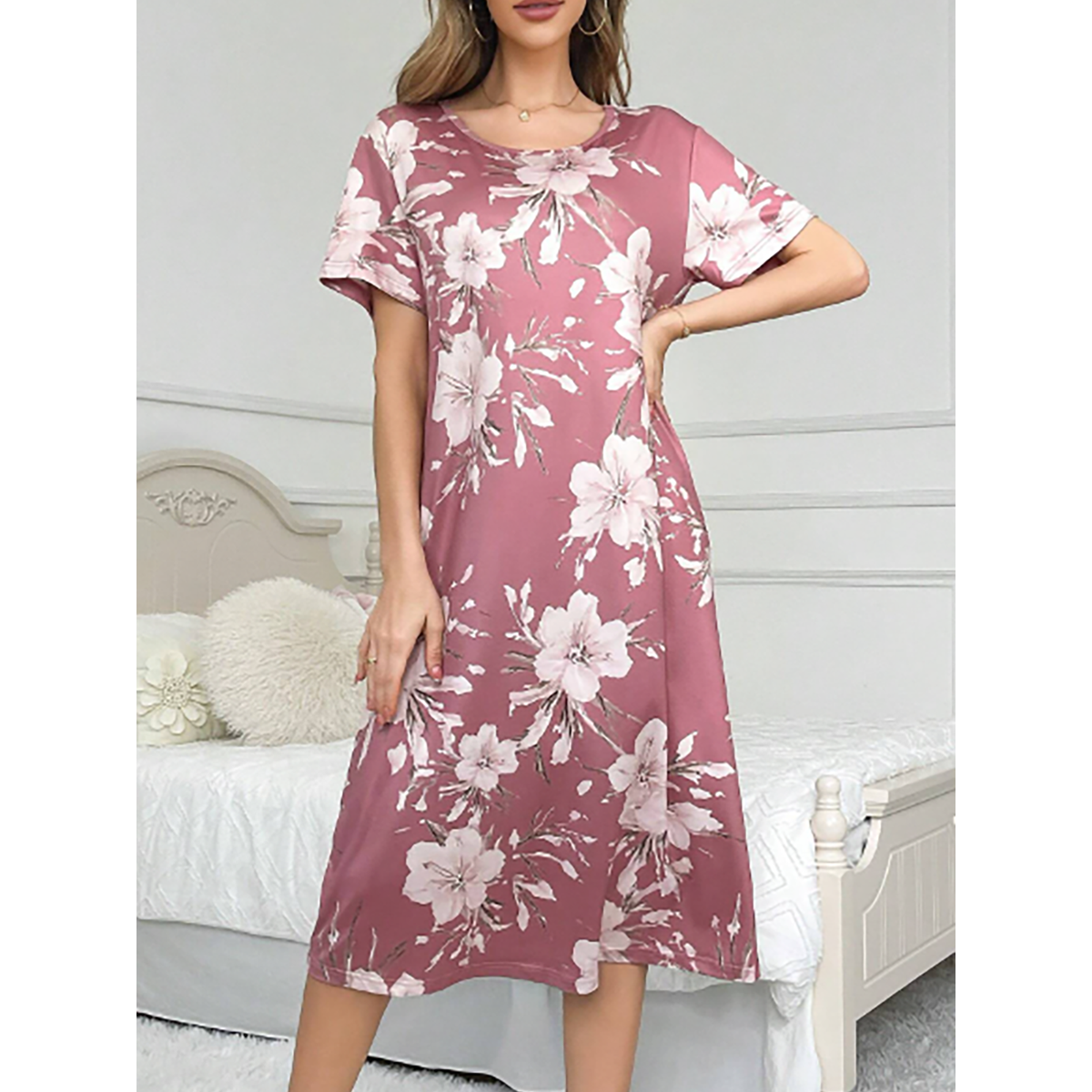 شي أن - فستان نوم للسيدات SD5 ، طباعة رقمية على حرير الحليب 140جرام