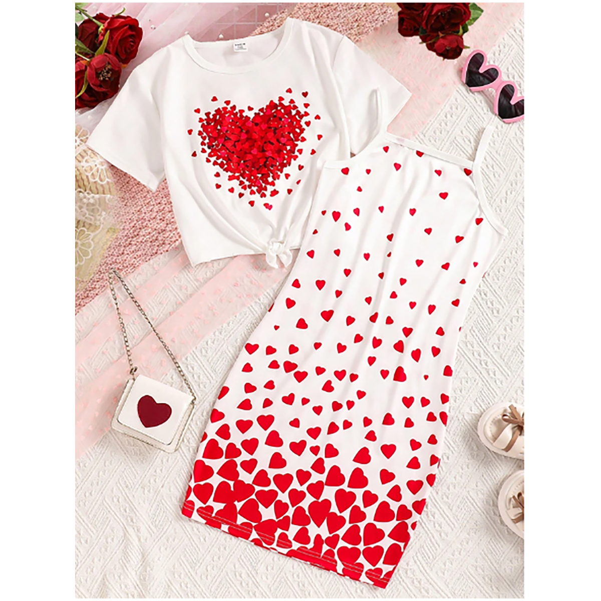 R-Shein - 2pcs set for teen girls; Heart print short sleeve t-shirt blouse, paired with heart print top dress, holiday outfits, spring/summer