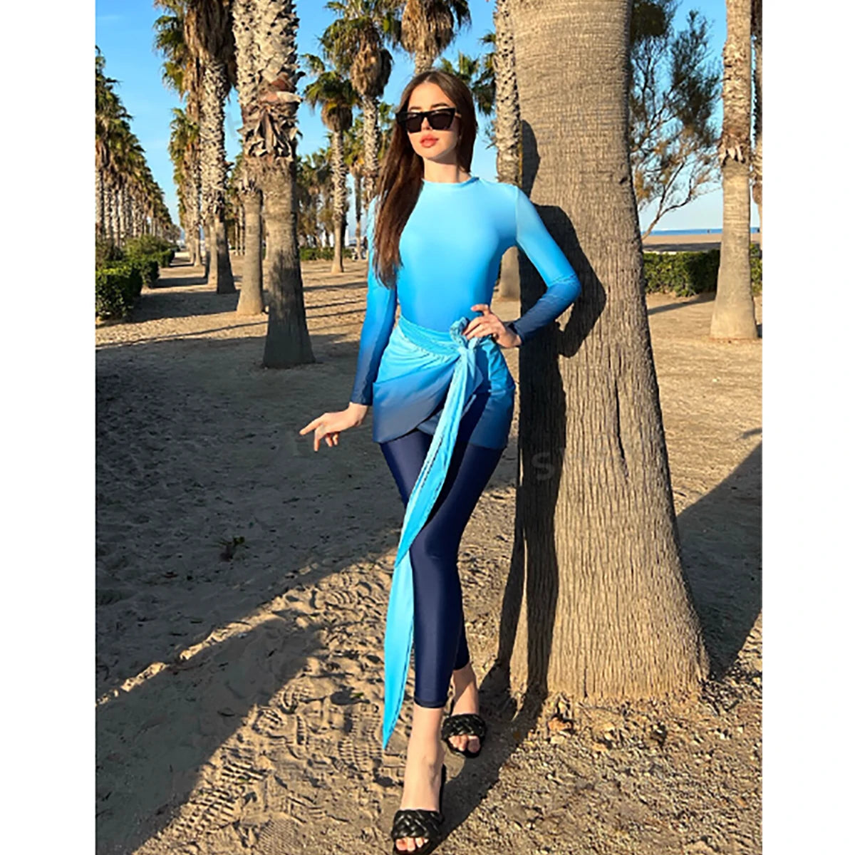 Shein - Mulvari Ombre Color Full Coverage Swimsuit One Piece 3 Piece Swimsuit, Beach Skirt and Beach Leggings