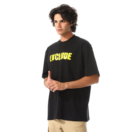 Loose Fit Black T-Shirt With Yellow Print Accent