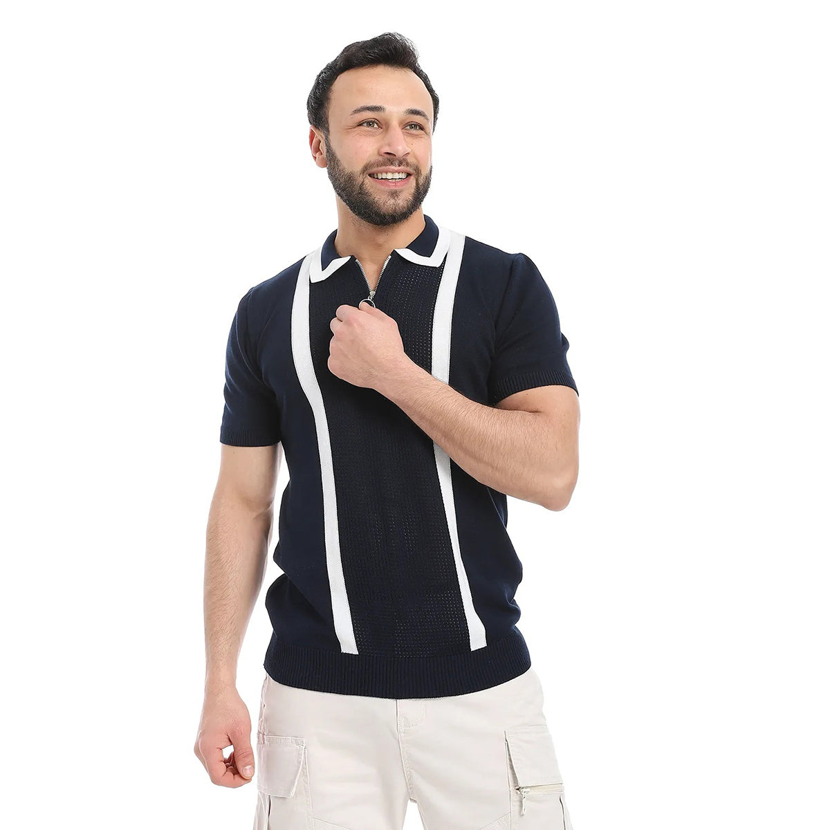 COUP – Woven Horizontal Striped Polo Neck T-Shirt with Half Zipper Closure