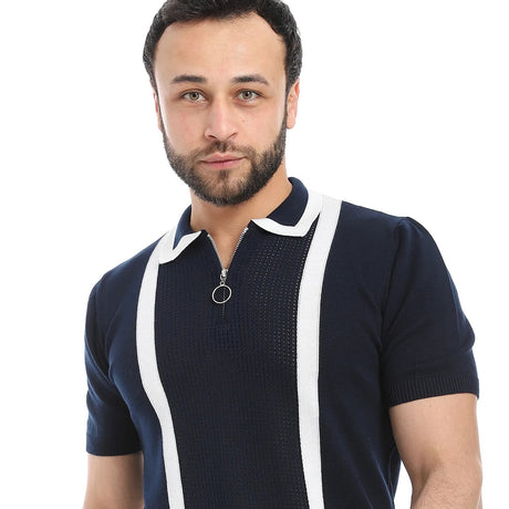 COUP – Woven Horizontal Striped Polo Neck T-Shirt with Half Zipper Closure