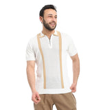 COUP – Woven Horizontal Striped Polo Neck T-Shirt with Half Zipper Closure