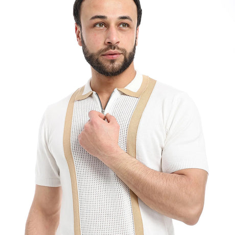 COUP – Woven Horizontal Striped Polo Neck T-Shirt with Half Zipper Closure