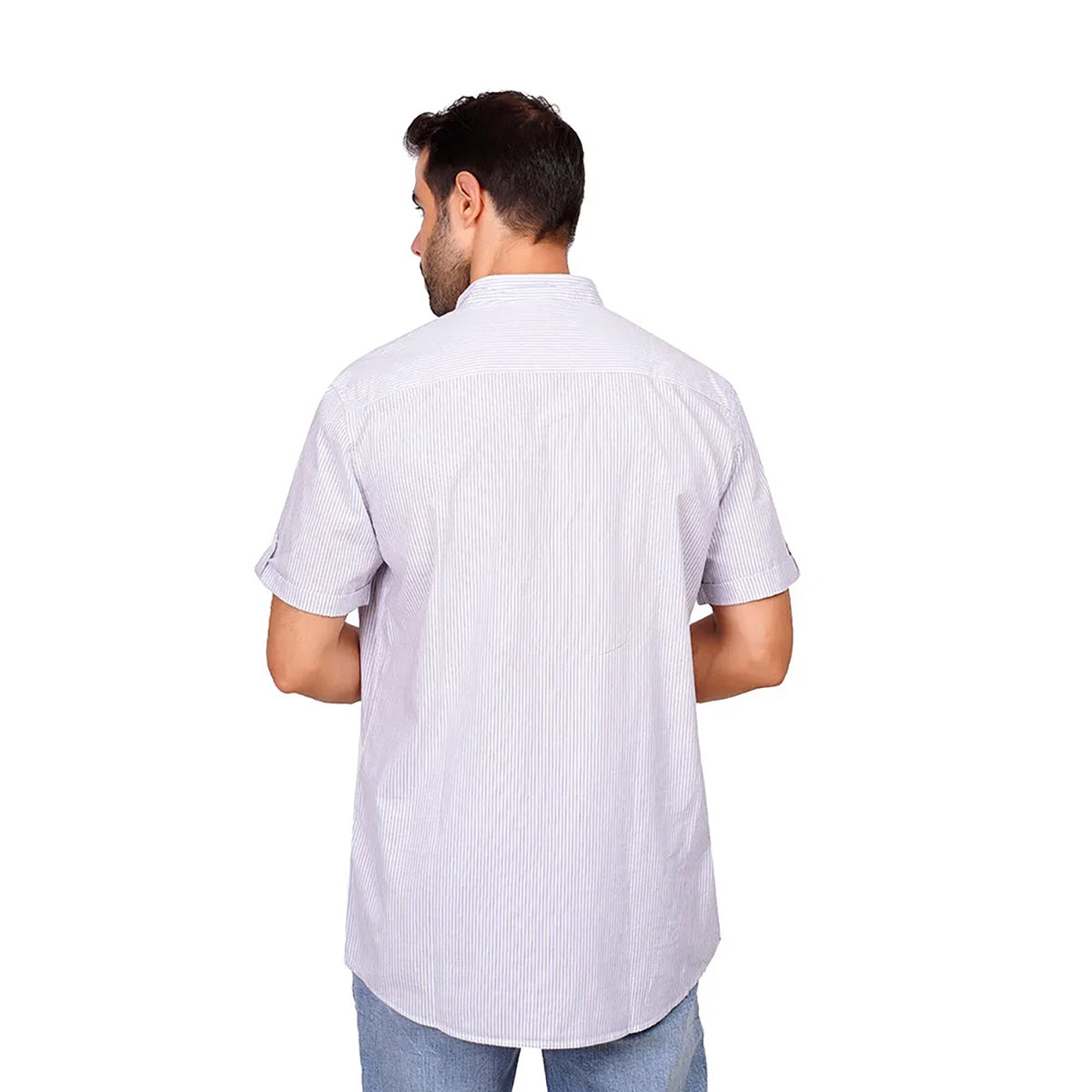 Coup – Striped Half-Sleeve Shirt With Buttoned Mandarin Collar