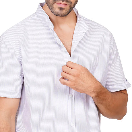 Coup – Striped Half-Sleeve Shirt With Buttoned Mandarin Collar