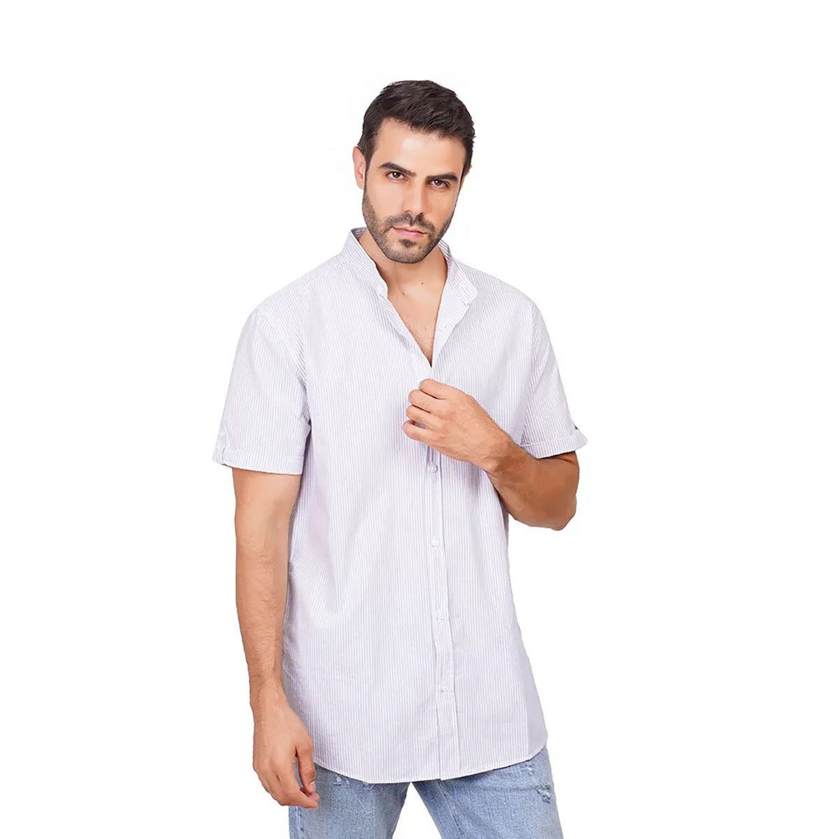 Coup – Striped Half-Sleeve Shirt With Buttoned Mandarin Collar