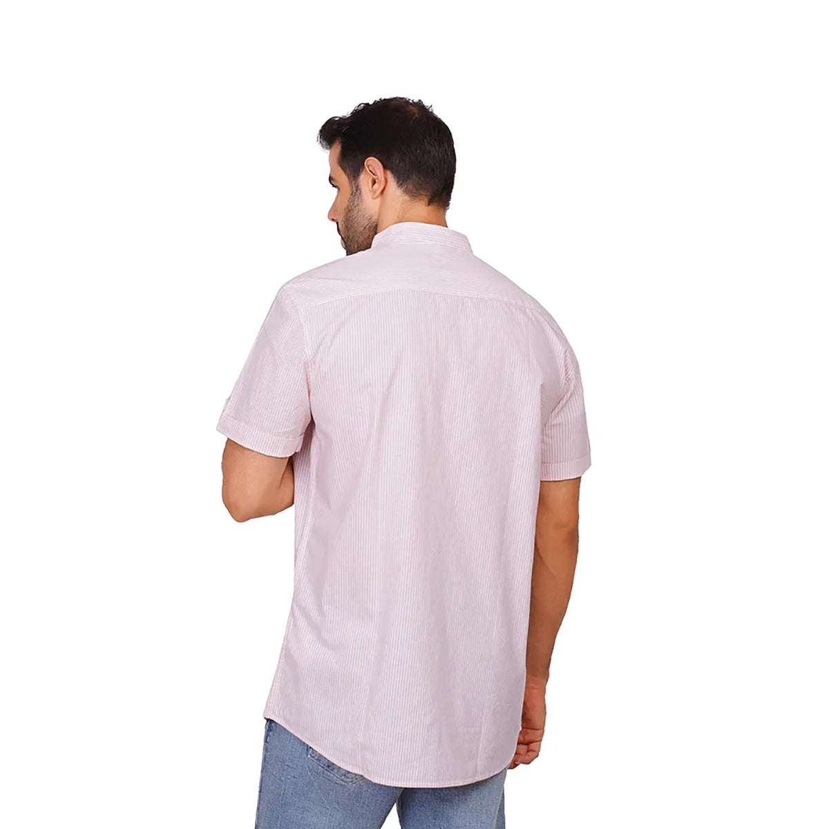Coup – Striped Half-Sleeve Shirt With Buttoned Mandarin Collar