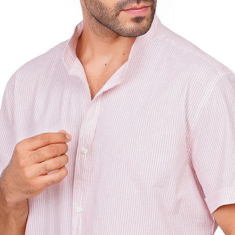Coup – Striped Half-Sleeve Shirt With Buttoned Mandarin Collar