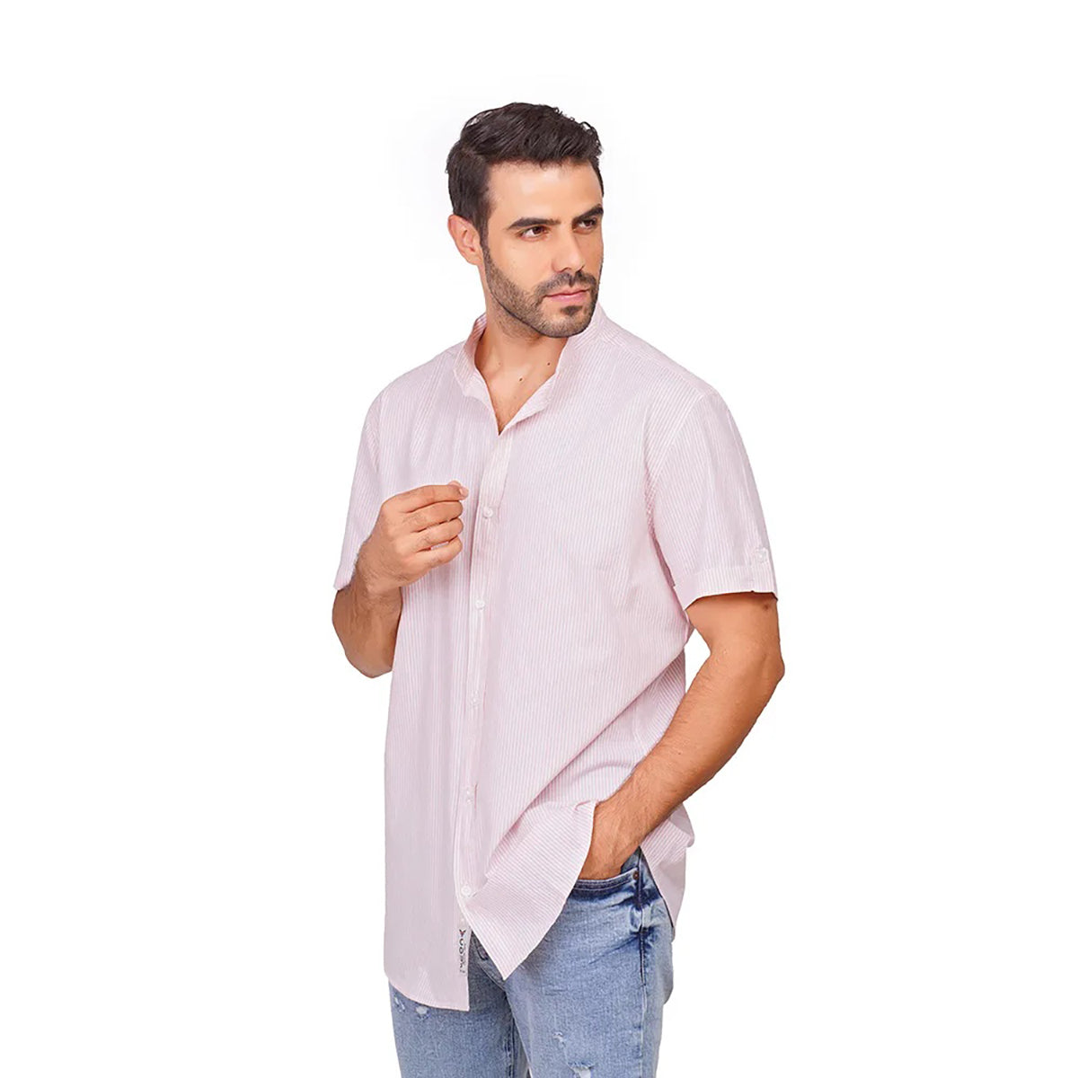 Coup – Striped Half-Sleeve Shirt With Buttoned Mandarin Collar