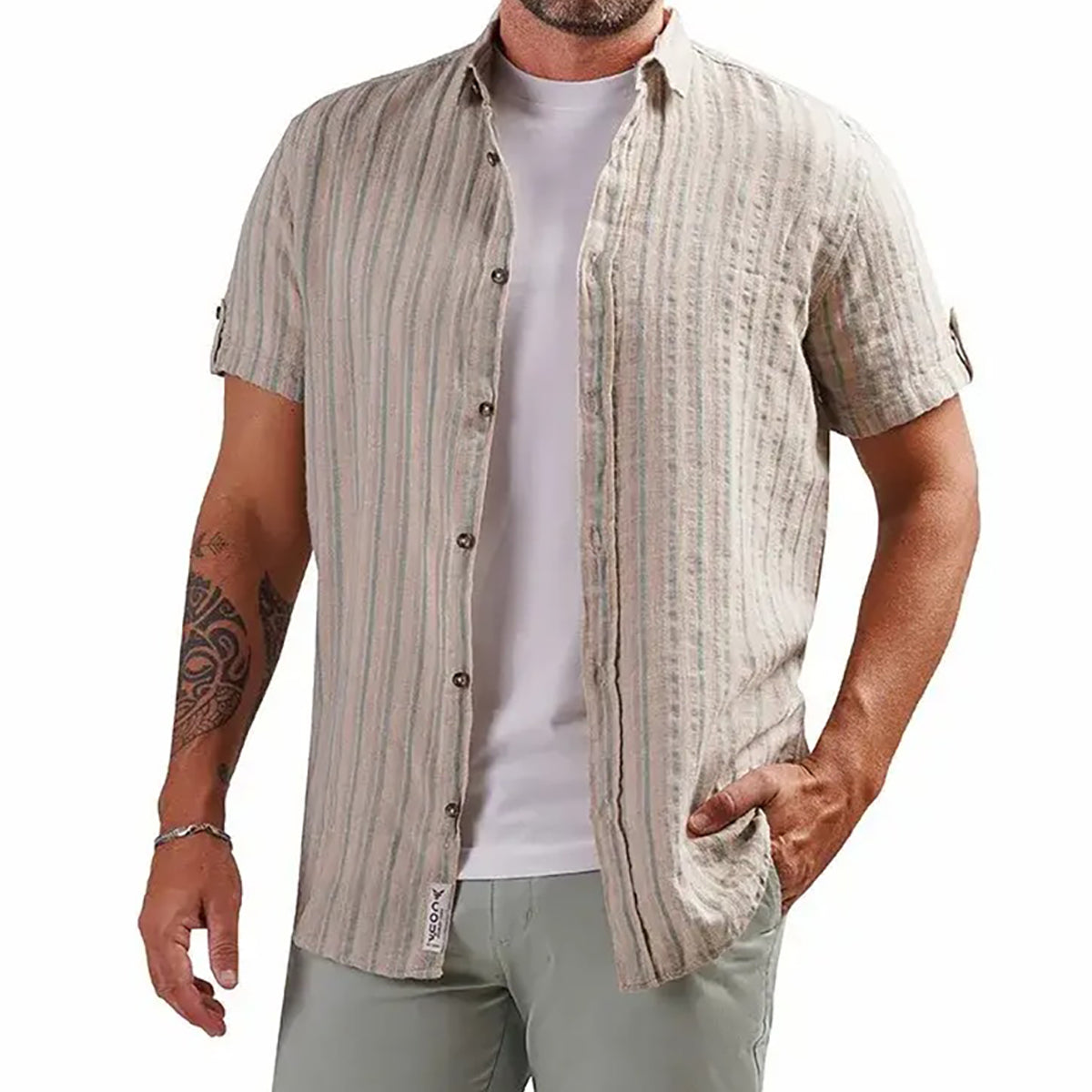 Coup – Men’s Linen Regular Fit Striped Shirt with Short Sleeves
