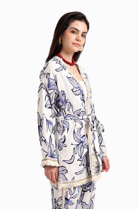 Carina - Blue Flowers Kimono with Fringes