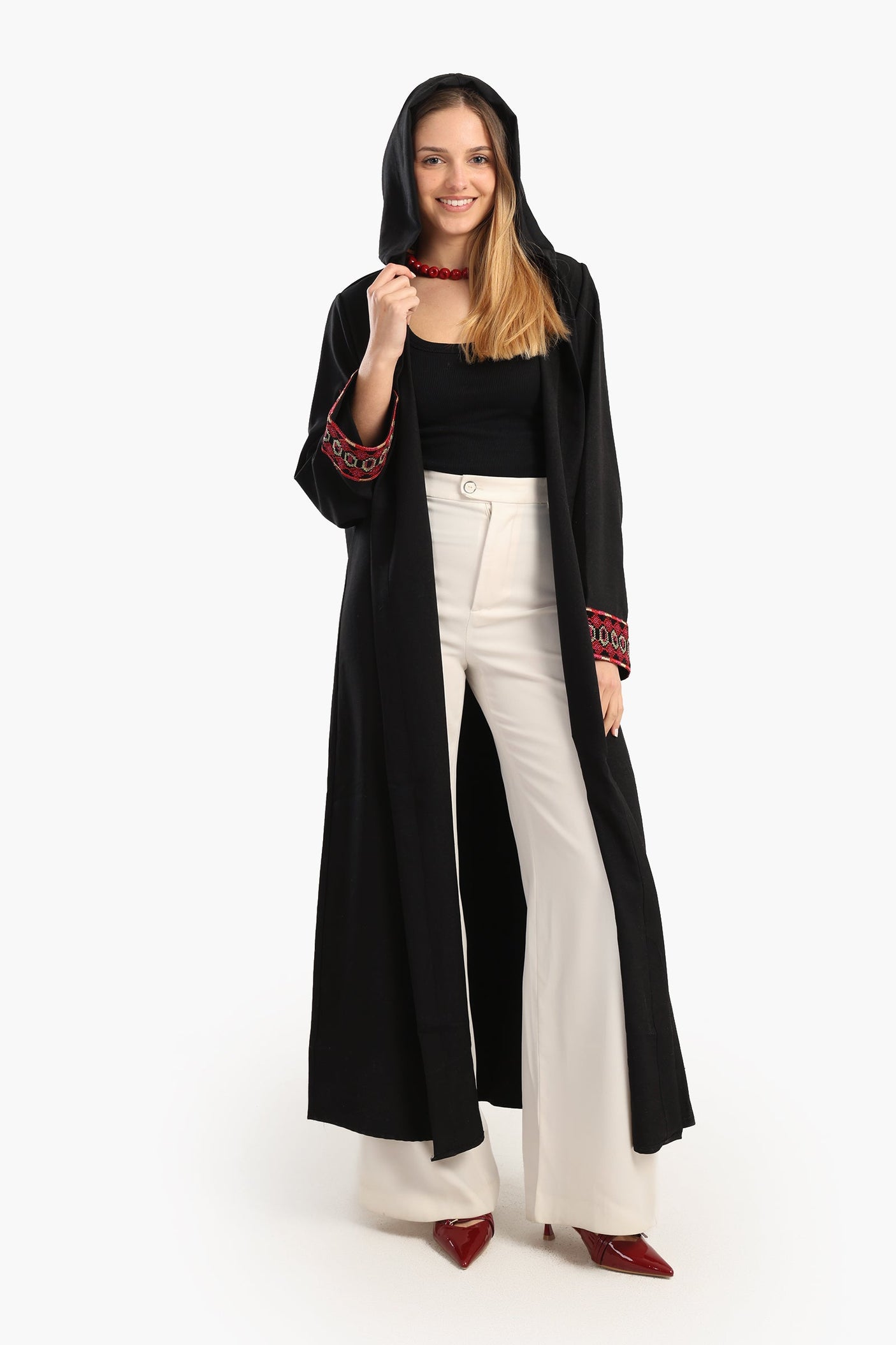 Carina - Embroidered Cuffs Black Kimono