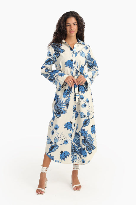 Carina - Blue Flowers Print Midi Dress