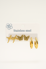 Elegant Stainless Steel Earring Set - Butterfly and Bird Design