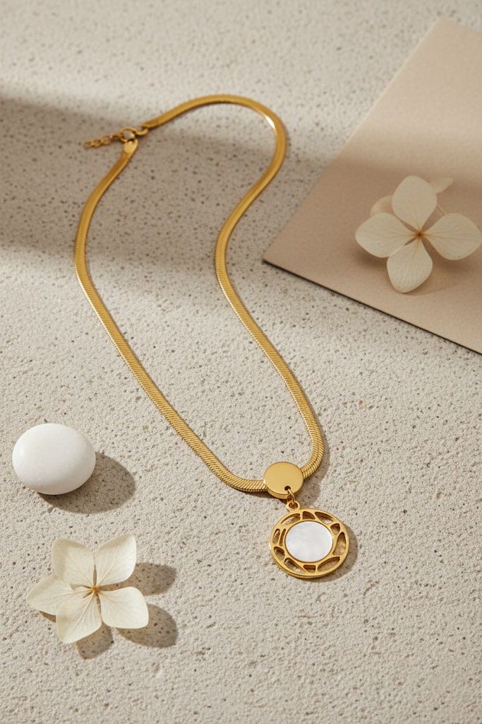 Women’s Necklace Circular Pendant Shell Stone - Elegant