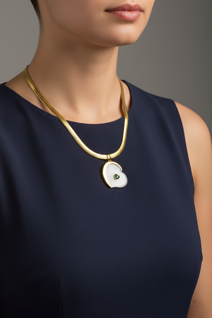 Women’s Necklace White Heart & Green Stone Pendant