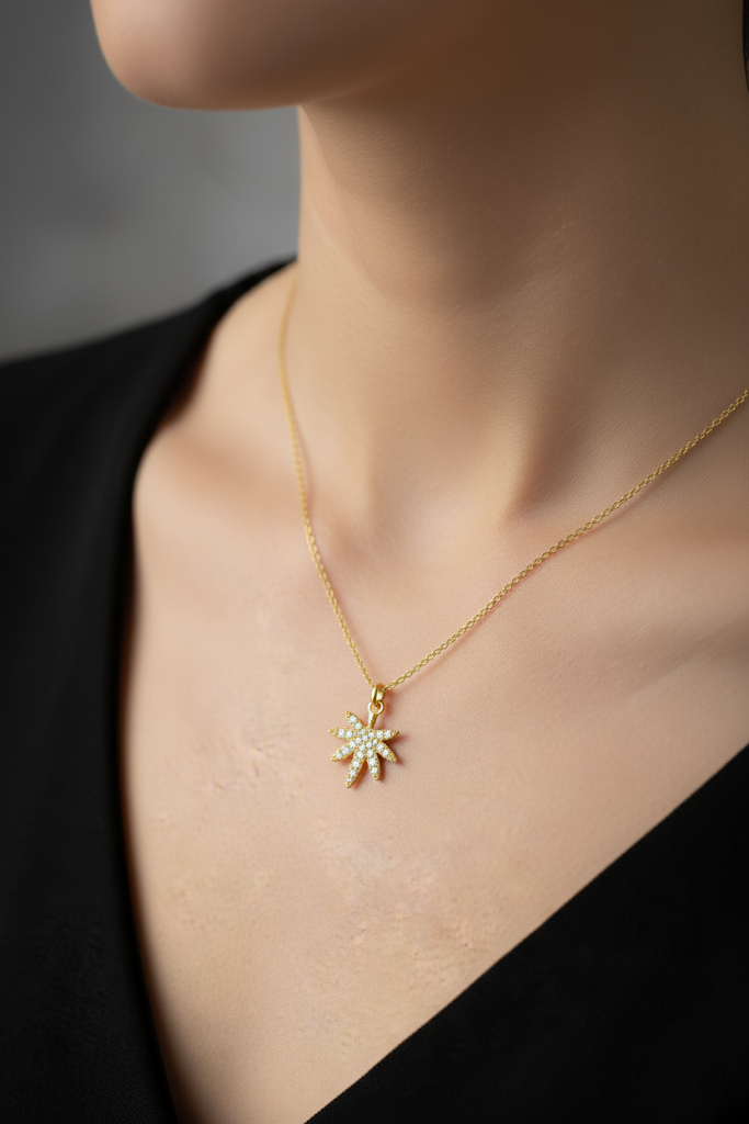 Women’s Necklace with Pave Starburst Pendant, Elegant Style