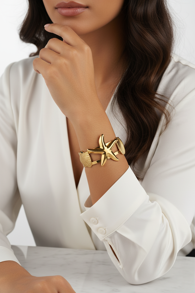 Plated Metal Bracelet with Seashell and Starfish Design