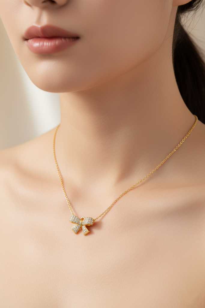 Women’s Necklace with Crystal Bow Pendant, Refined Design