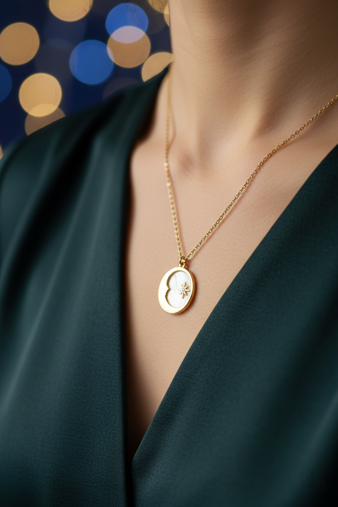 Women’s Necklace Crescent Star Crystal Pendant