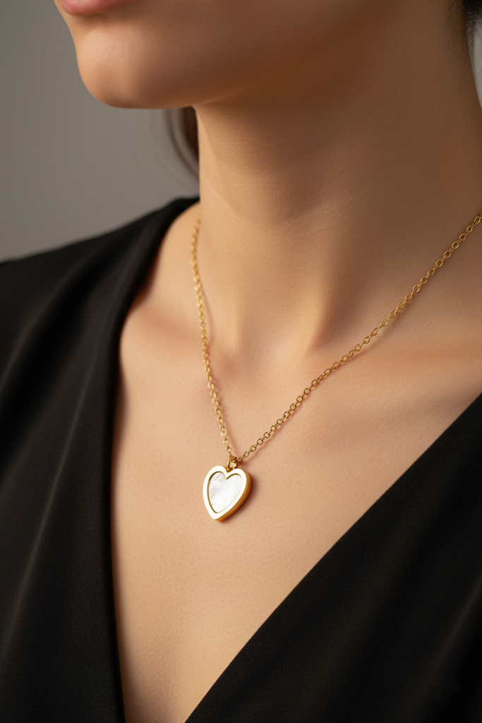 Women’s Necklace Heart Pendant with Shell Inlay, Elegant