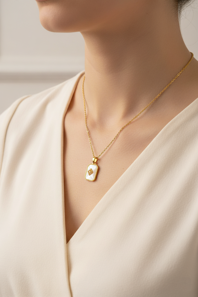 Women’s Necklace Rectangular Shell & Crystal Pendant