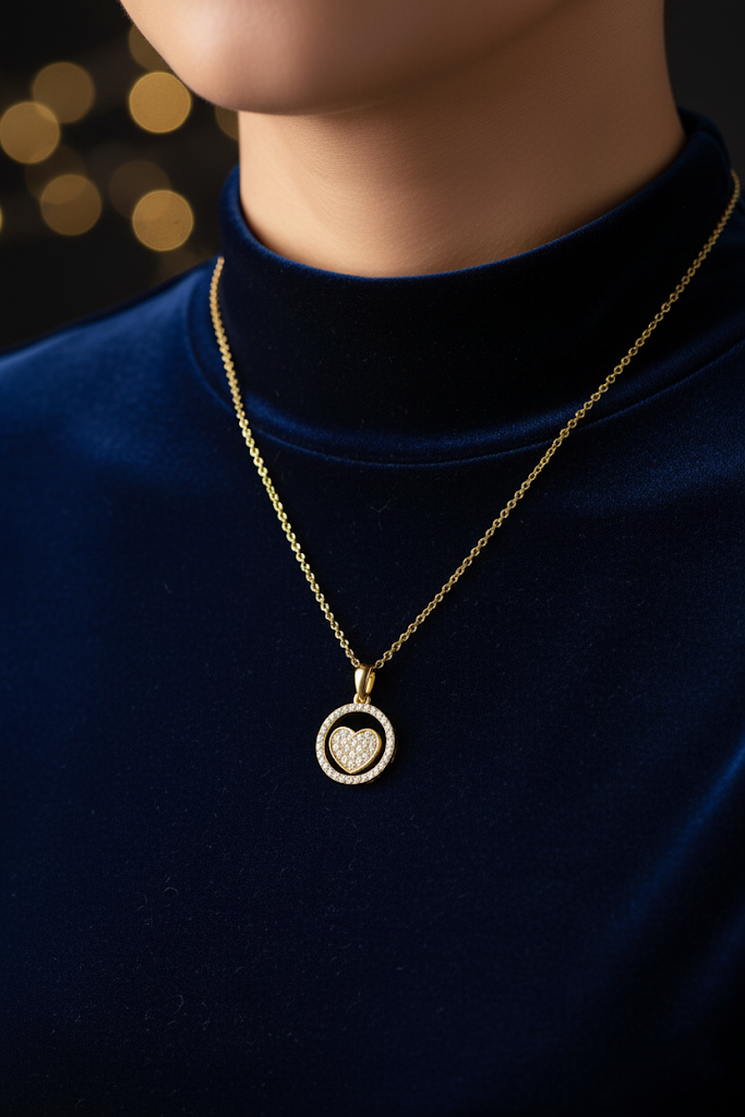 Stainless Steel Women’s Necklace, Crystal Paved Heart – Elegant