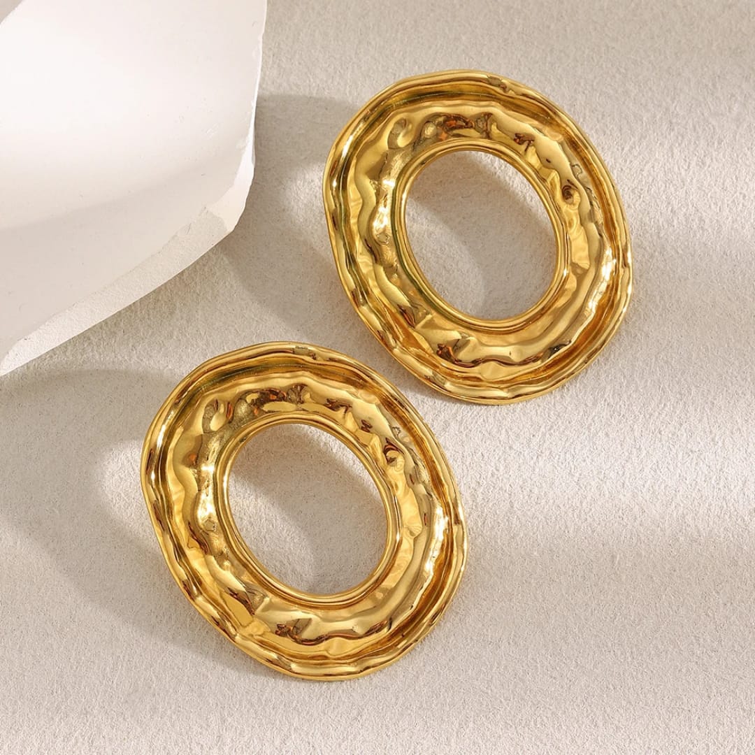 Gold Textured Oval Hoop Earrings