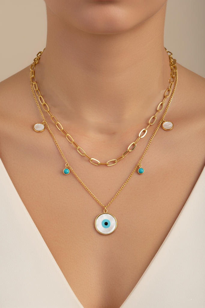 Women’s Necklace Layered Evil Eye Charm Colorful Stone