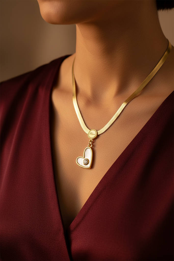 Women’s Necklace Heart Pendant White Enamel Crystal