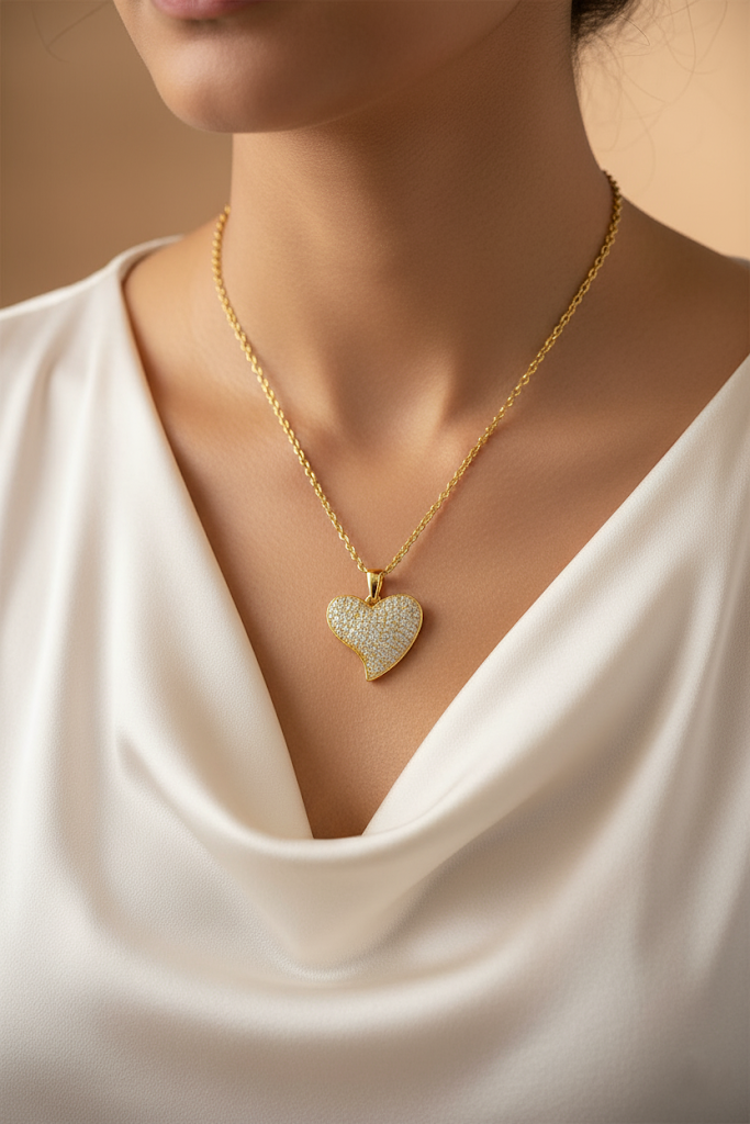 Women’s Necklace, Women's Necklace with Pave Crystal Heart
