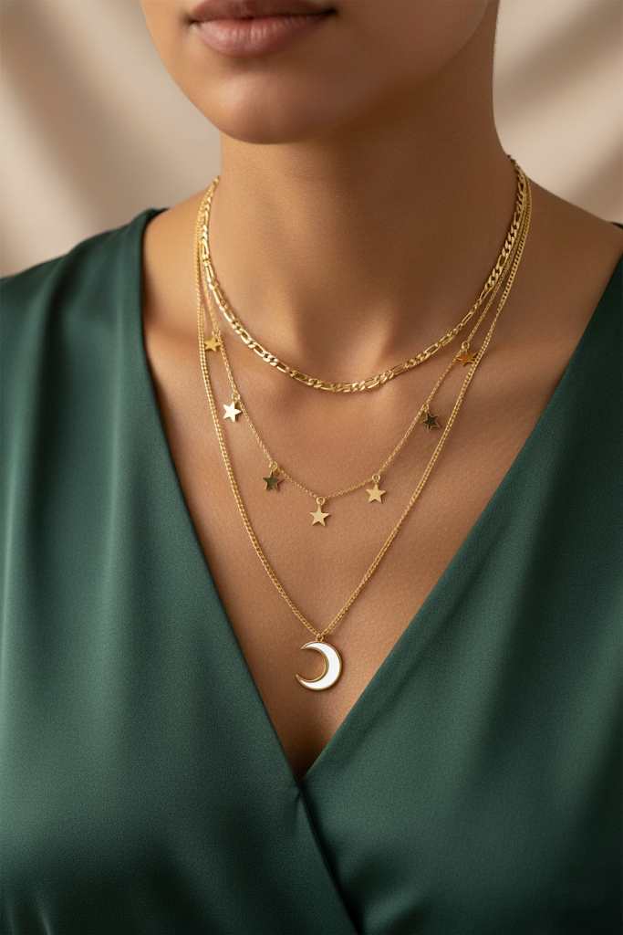 Women’s Necklace Layered Crescent Star Charm Delicate