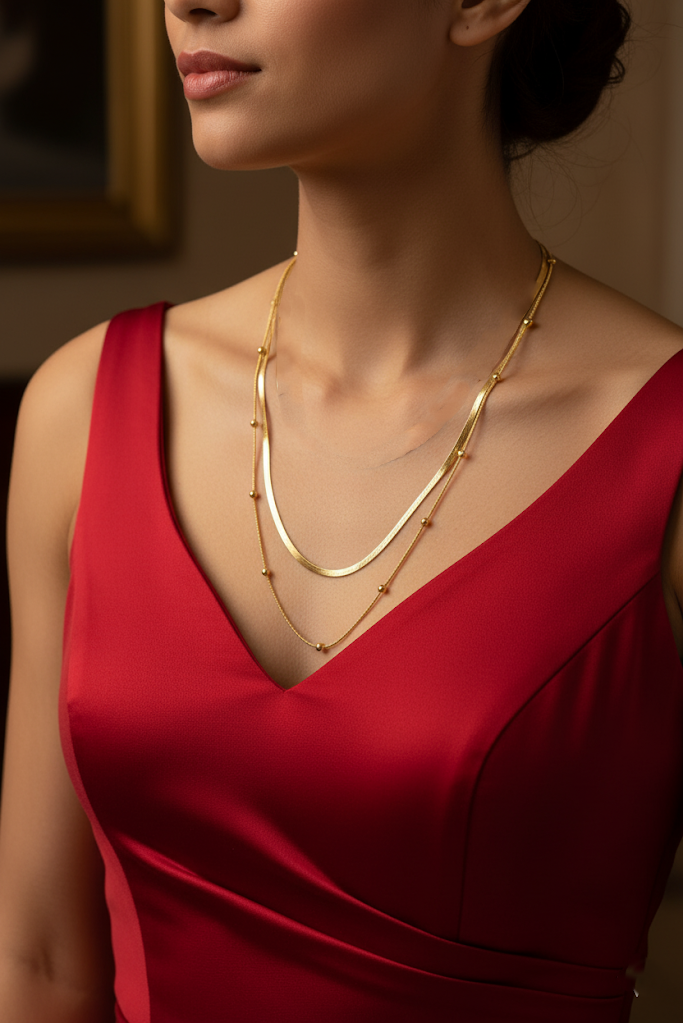 Women's Necklace Double Layer Snake Chain and Bead Design