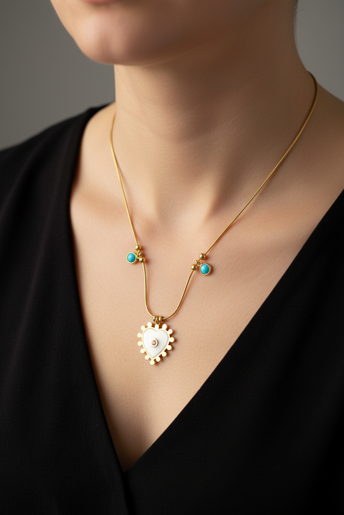 Women’s Necklace White Enamel Heart & Turquoise Detail