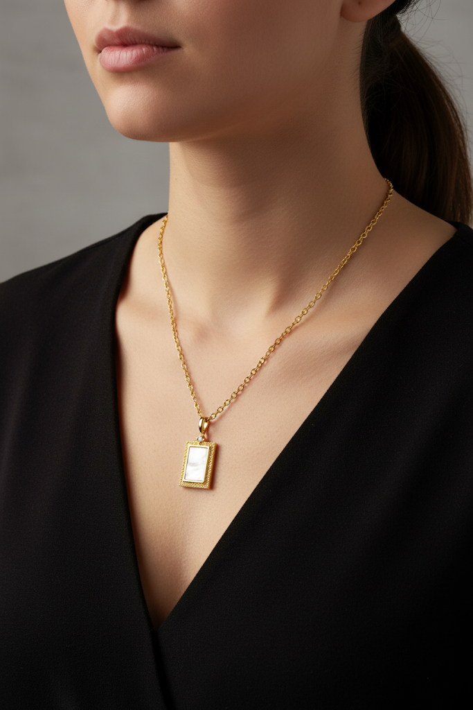 Women's Necklace Rectangle Pendant White Inlay Crystal Touch