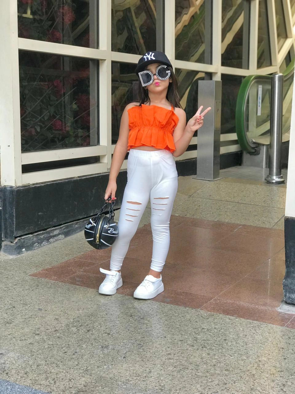 Rokido - White cutting pants with orange halter top