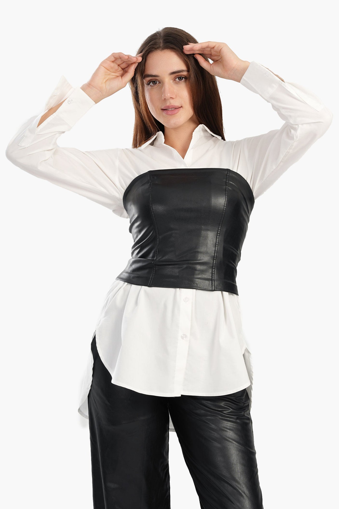 Carina - Faux Leather Strapless Black Bustier For women