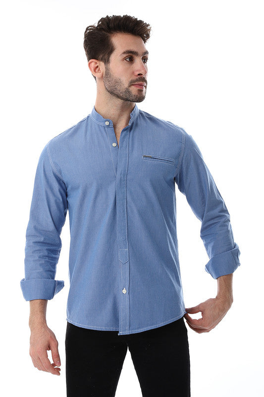 White Rabbit Band Collar Long Sleeves With Decorative Pocket Shirt