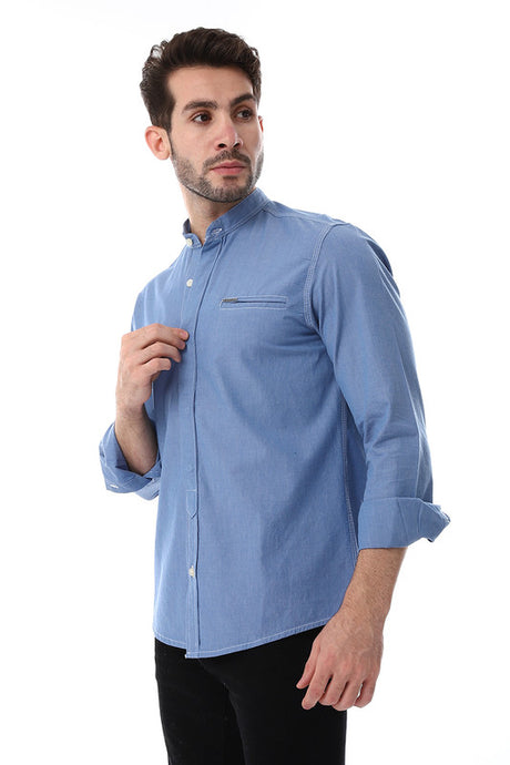 White Rabbit Band Collar Long Sleeves With Decorative Pocket Shirt
