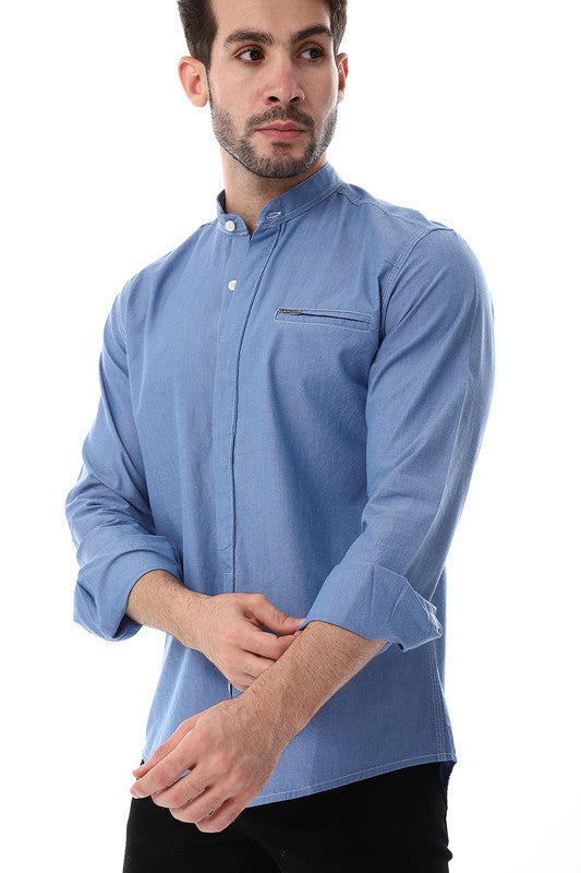 White Rabbit Band Collar Long Sleeves With Decorative Pocket Shirt