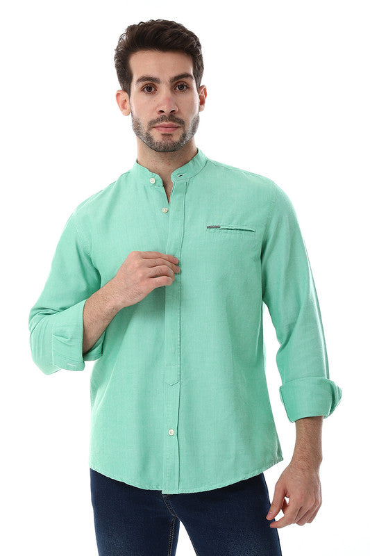 White Rabbit Band Collar Long Sleeves With Decorative Pocket Shirt