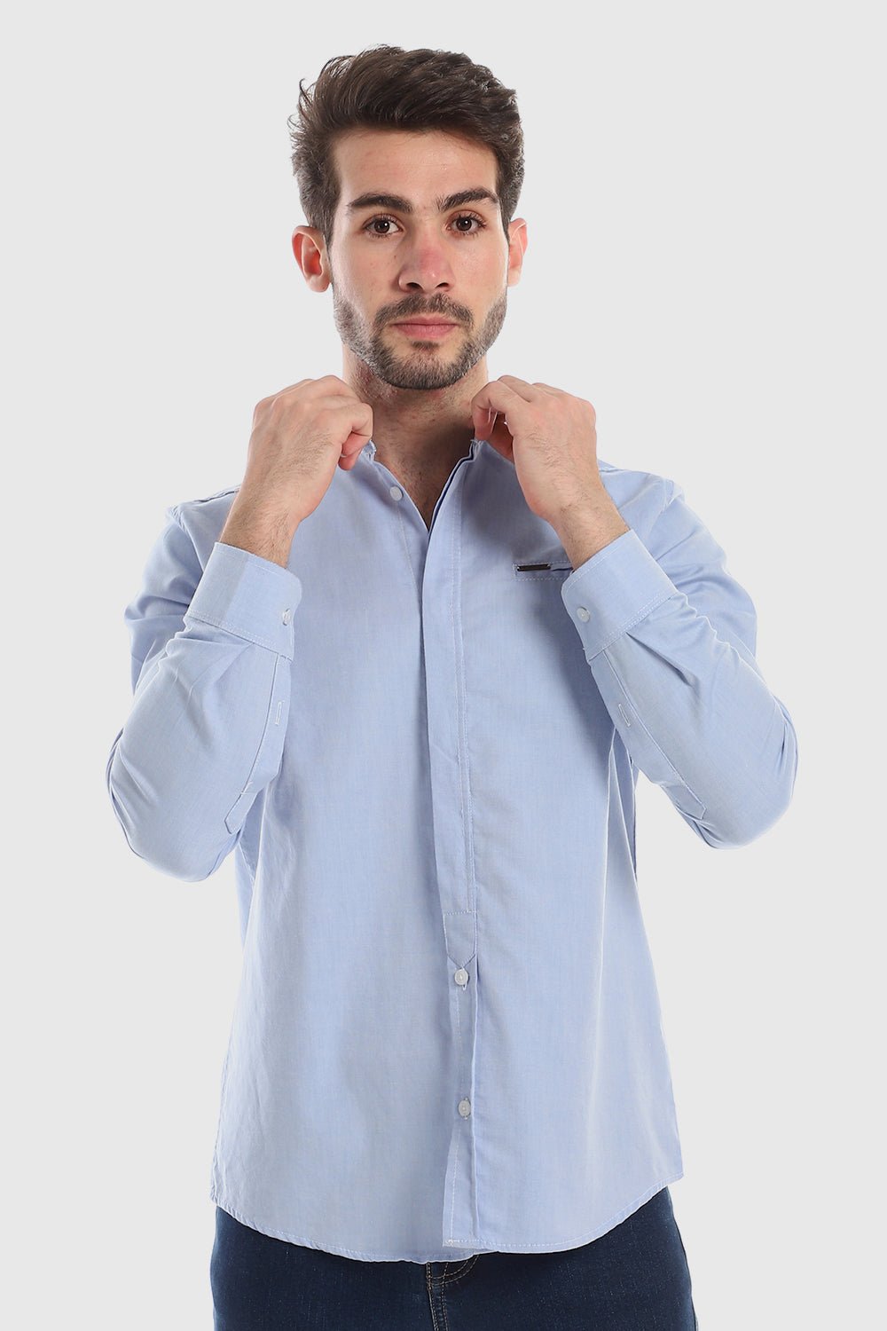 White Rabbit Modish Mandarin Collar Button Down Shirt - Baby Blue