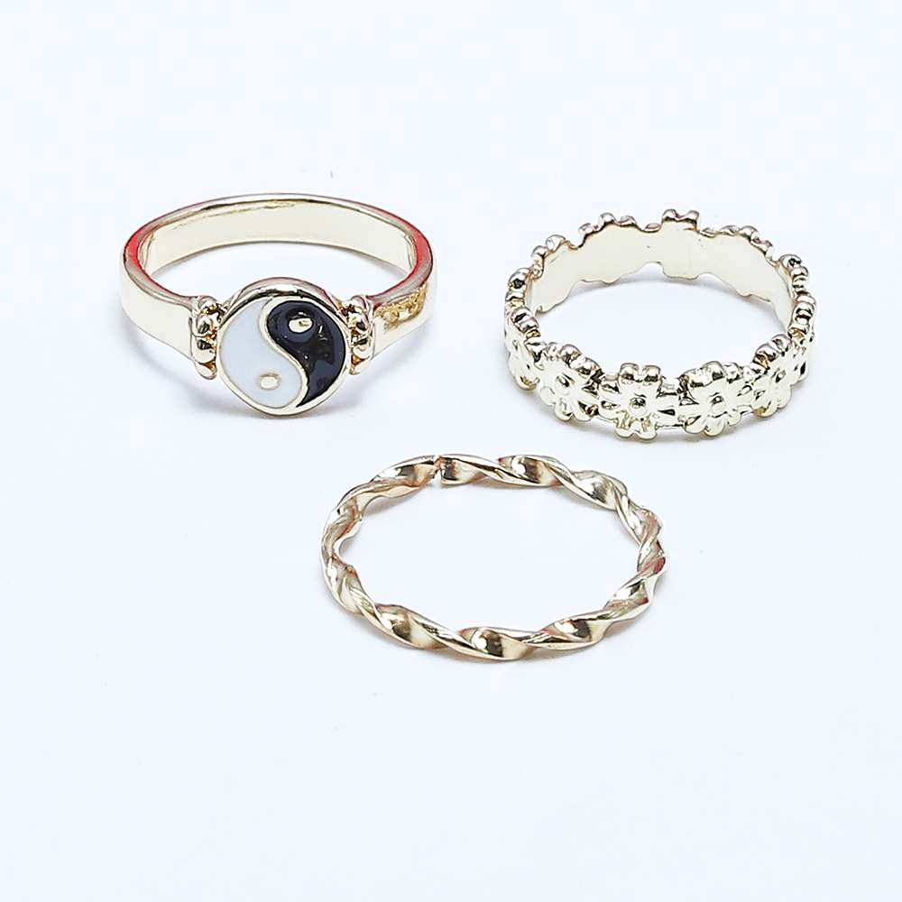 Fluffy - Black&White Earing-Set Of Rings 3 pcs Fluffy Women's Accessories-Gold