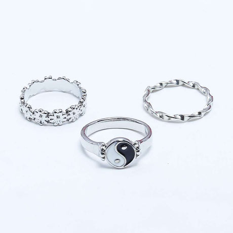 Fluffy - Black&White Earing-Set Of Rings 3 pcs Fluffy Women's Accessories-Gold