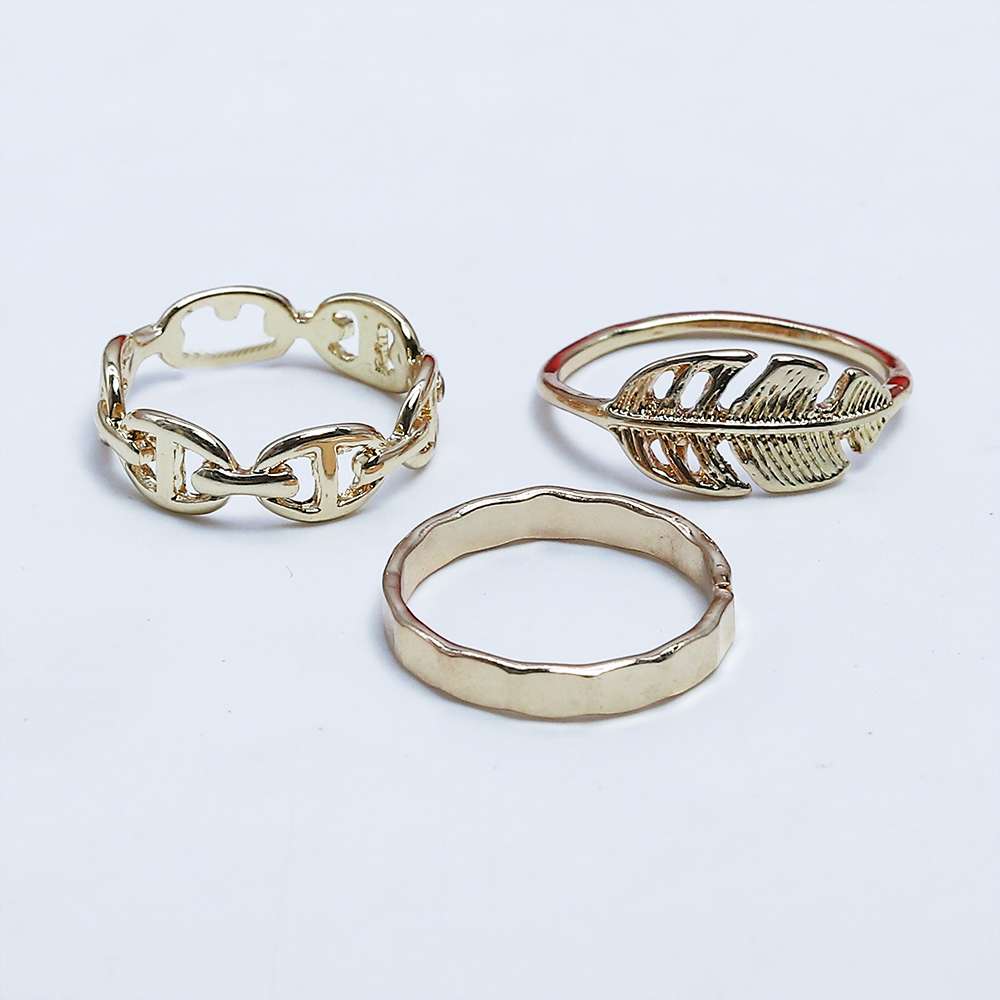 Fluffy - Leaf Earing-Set Of Rings 3 pcs Fluffy Women's Accessories-Gold