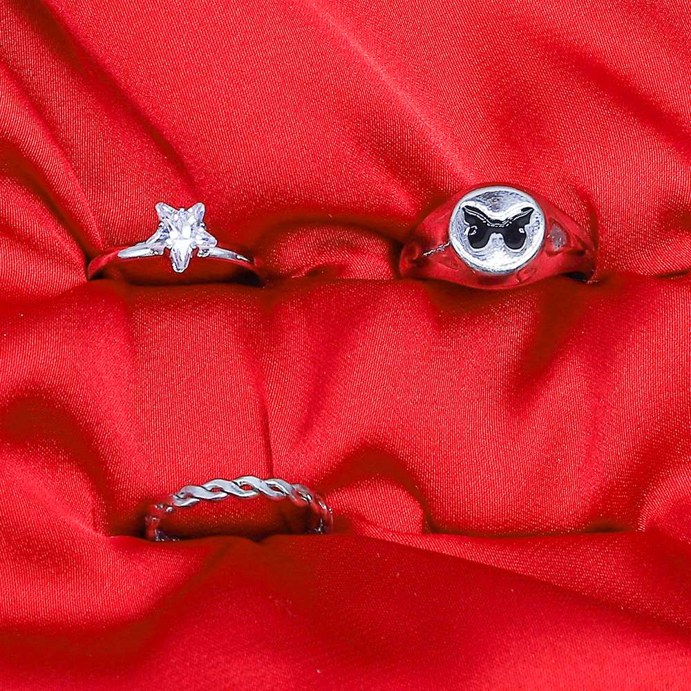 Fluffy - Black Flower Earing-Set Of Rings 3 pcs Fluffy Women's Accessories-Gold
