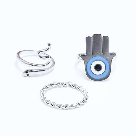 Fluffy - Hand&Snake Earing-Set Of Rings 3 pcs Fluffy Women's Accessories-Gold