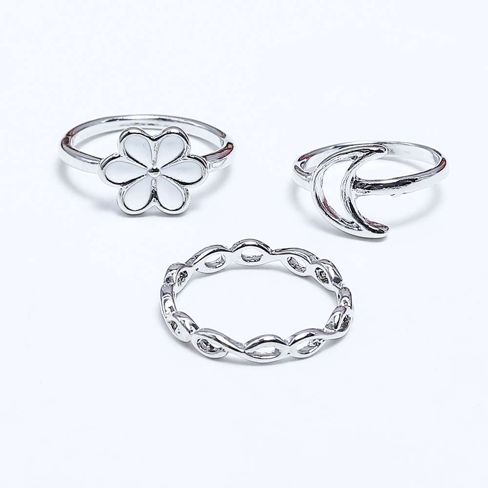 Fluffy - White Flower Earing-Set Of Rings 3 pcs Fluffy Women's Accessories-Gold