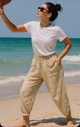 MR. joe - Relaxed Fit Linen Blend Pull-On Trousers Beige - 2727